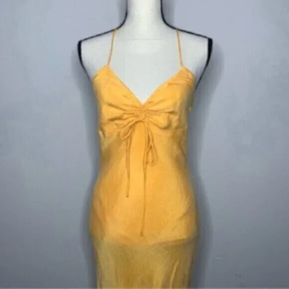 NWT Zara Tangerine Satin Effect Ruched Detail Slip Midi Dress - Picture 4 of 11